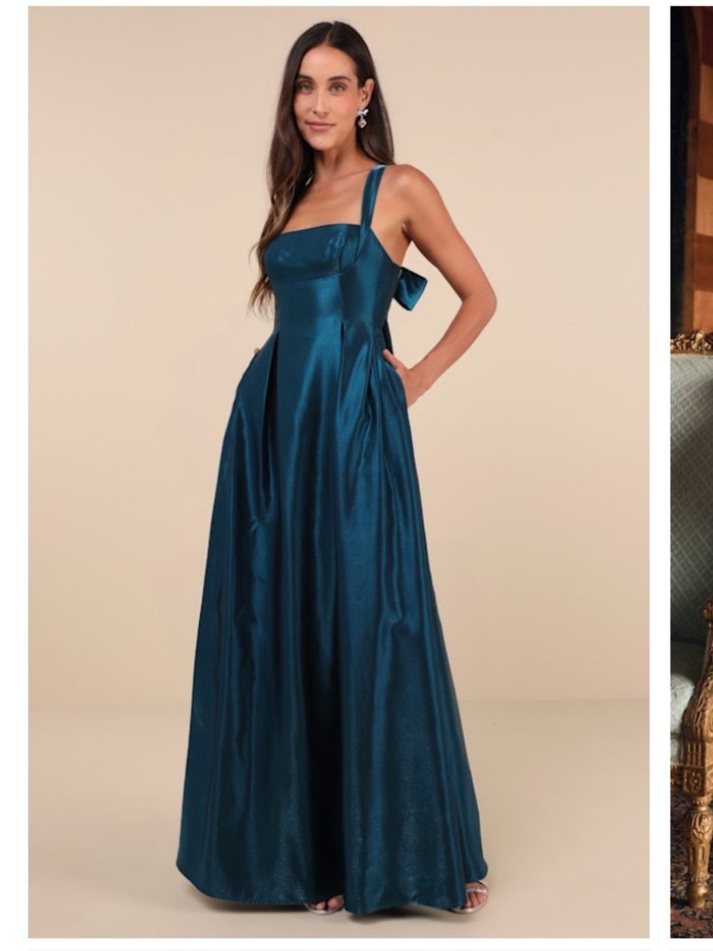 BNWT Lulu’s Immaculate Aura Teal Satin Evening Gown with Bow Back
